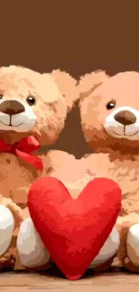 Two teddy bears with a red heart on a brown background.