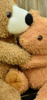 Two teddy bears hugging in a cozy embrace wallpaper.