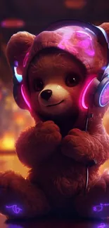 Cute teddy bear with headphones in a cozy, vibrant setting.