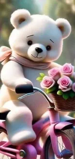 A teddy bear on a pink bicycle with flowers.