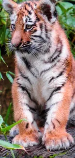 Adorable tiger cub sitting on a log in lush greenery.