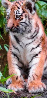 Adorable tiger cub sitting on a log in a lush jungle setting.