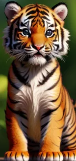 Cute tiger cub sitting in a natural setting with green leaves in the background.