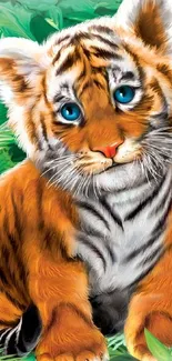 Illustration of a cute tiger cub with blue eyes surrounded by greenery.