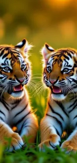 Two playful tiger cubs on green grass.