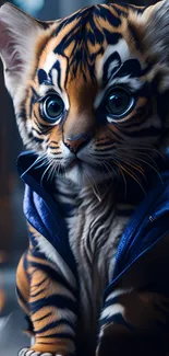 Adorable tiger-striped kitten with big eyes and blue jacket in a charming pose.