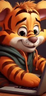 Adorable cartoon tiger with a laptop on a vibrant mobile wallpaper.