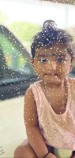 Cute toddler sitting on a car hood, outdoor scene.