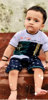 Adorable toddler sitting on rustic red steps, smiling at the camera.