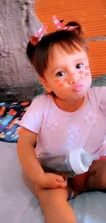 Adorable toddler with pink bow and playful expression.