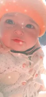 Charming toddler with an orange hat, surrounded by sparkles.