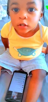 Adorable toddler holding a smartphone, wearing a yellow shirt.