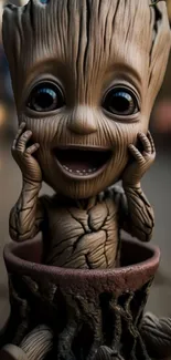 Adorable tree character in a planter, smiling playfully.