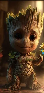 Adorable tree character holding a sunflower in a warm, enchanting setting.