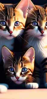 Trio of adorable cats with vibrant fur and blue eyes on mobile wallpaper.