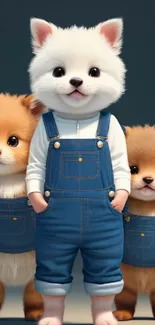 Adorable cartoon puppies wearing denim overalls on a mobile wallpaper.