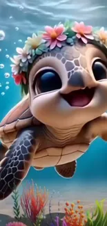 Cute cartoon turtle wearing flower crown underwater.