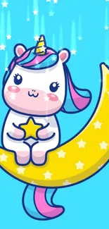 Cute unicorn sitting on a yellow moon with stars on a sky blue background.