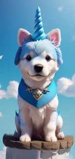 Cute unicorn puppy with sky blue horn and background.