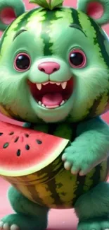 Adorable cartoon bear with watermelon design on pink backdrop.