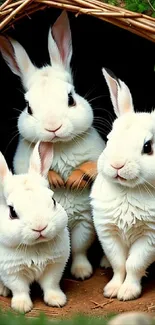 Three adorable white rabbits in a cozy setting.