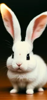 A cute white rabbit with large ears on a dark green background.