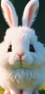 Adorable white bunny sitting on green grass with a nature backdrop.