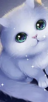 Cute fluffy white cat with blue eyes on a starry background.