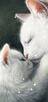 Adorable wallpaper of two white cats cuddling.