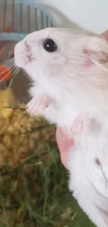 Close-up of a white hamster with a nature-themed background.