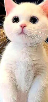 Adorable white kitten with big eyes sitting on a blue surface.