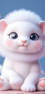 Fluffy white kitten with big eyes on a dreamy background.