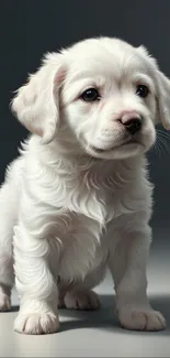 Cute white puppy with soft fur standing on a gradient gray background.