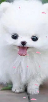 Adorable white fluffy puppy on pavement with tongue out.