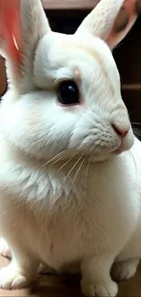 Cute white bunny with soft fur and large ears facing sideways.