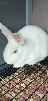 White fluffy rabbit sitting in a cozy enclosure.