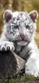 Adorable white tiger cub with blue eyes in a serene forest setting.