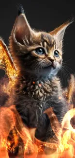 Adorable kitten with fiery wings sits on black background in magical wallpaper.