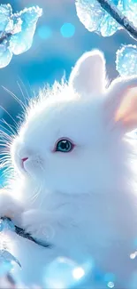 Cute white bunny amidst icy blue branches.