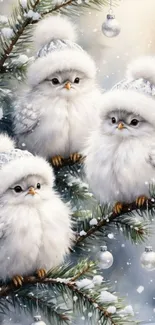 Three fluffy owls on a snow-covered branch.