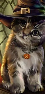 Adorable kitten with witch hat and pumpkin necklace.