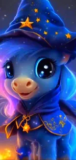 Cute pony dressed as a wizard with blue and purple colors, stars around.