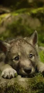 Cute wolf pup lying in lush green forest