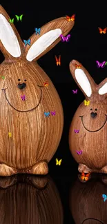 Adorable wooden bunnies on a sleek black background.