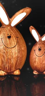 Two smiling wooden bunny figurines on a black background.