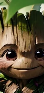 Cute wooden character with big eyes smiling in nature setting.