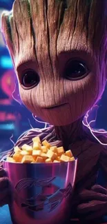 Adorable wooden creature with popcorn in digital art wallpaper.