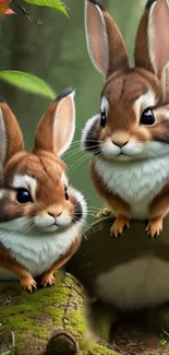 Adorable bunnies on a log in a lush green forest background.