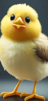 Adorable yellow chick with fluffy feathers on a dark background.