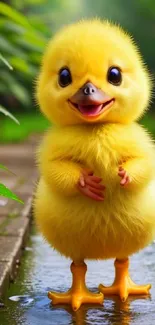 Cute yellow duckling standing in water amidst greenery.